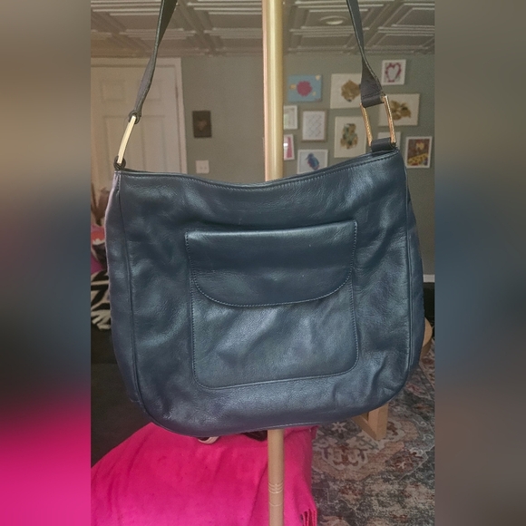 Vintage PAOLA DEL LUNGO 100% Genuine Leather Shoulder Purse Deep Navy. - Picture 4 of 11